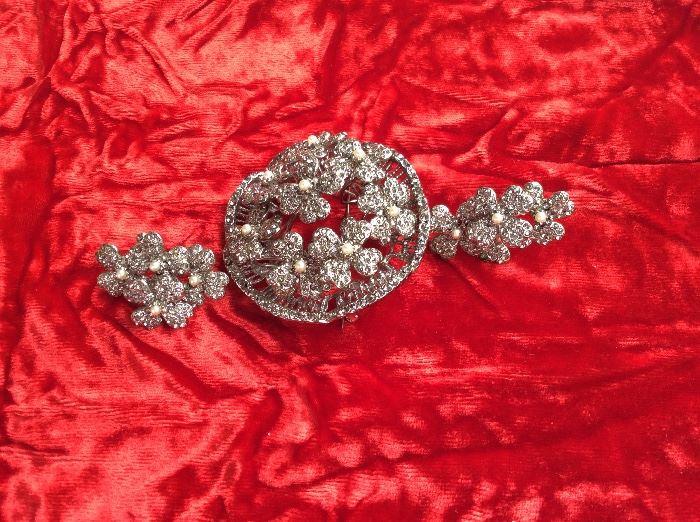 Vendome brooch and clip on earrings.  Pretty pave flowers with crystal centers