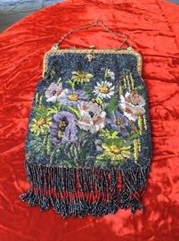 Stunning antique beaded bag with beaded fringe  Daisies & pansies