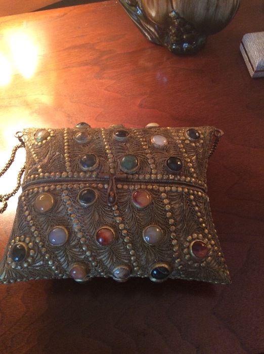 Antique mesh bag with cabochons   Velvet lined  Absolutely fabulous!