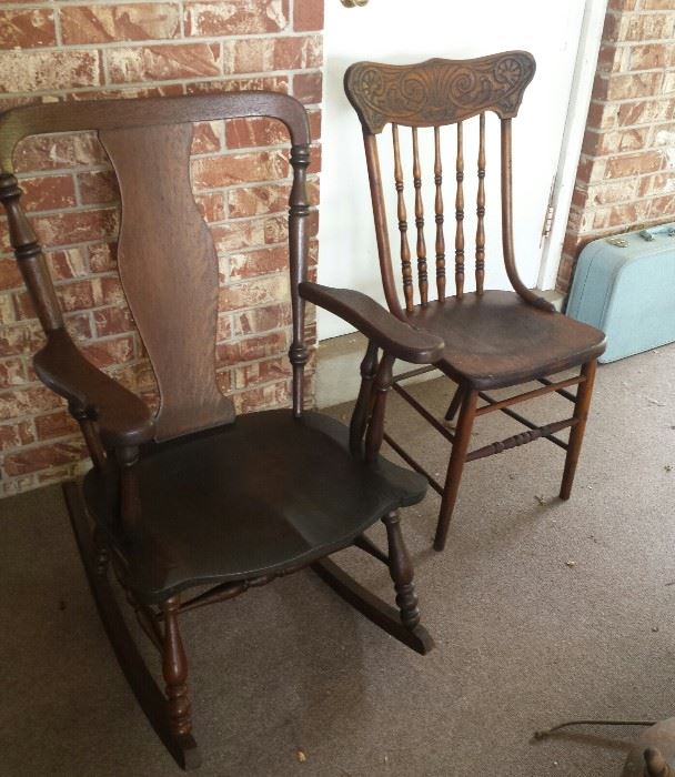 rocker, vintage wooden pressed back spindled straight chairs