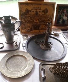 more brass etched trays, bowls, vases