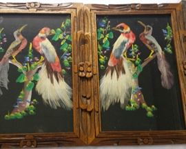 bird feather folk art in cedar frames
