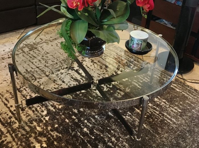 Glass & chrome coffe & end tables with leather strap detail