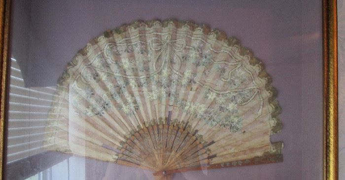 antique silk fan in frame