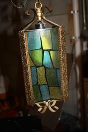 Adorable vintage hanging lamp.  One panel is missing, but you could put that to back.