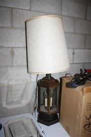 Pair of vintage wood lamps with candelabra lights in center of lamp