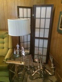 Glass top table/lamp; room divider; chandelier
