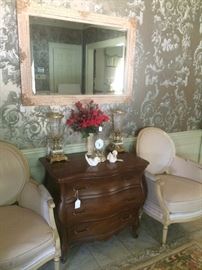 Matching French chairs; 3 drawer Bombay chest; crackled framed mirror