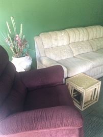 Another cream-colored sofa and burgundy recliner