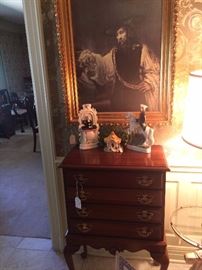 Framed art; 3 Staffordshire selections; Queen Anne 4-drawer silver chest