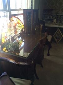 Glass top desk; arched stain glass