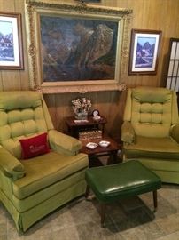 Retro avocado chairs; small green bench