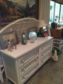White wicker 6-drawer dresser and king headboard