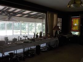 Silver plate, china and another stained glass panel