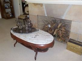 marble top coffee table, with silver plate tea set