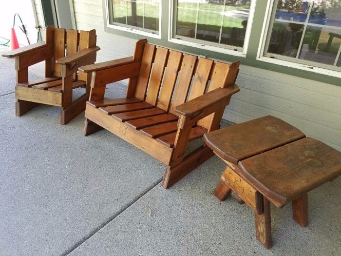 Three pieces of Handcrafted Wood Outdoor Furniture