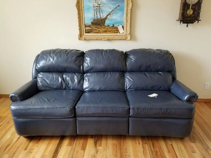 Gun Metal Blue/Grey Leather Barcalounger Sofa. The Section on the right is a Recliner. 