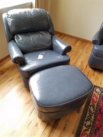 Gun Metal Blue/Grey Leather Barcalounger Ottoman and Recliner Chair - 