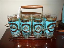 Mid Century Modern glassware set in caddy