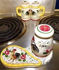 Vintage PY "Rooster & Roses" spoon rest w/ shaker, Salt & Pepper shakrs