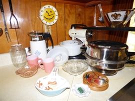 Corning Ware electric perculator, Sunbeam MixMaster, Electric skillet, Fire King mugs, other vintage kitchen ware