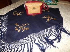 Wool embroidered shawl, Ostrich leather with tooled leather sides purse
