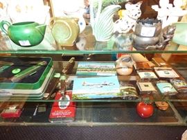 Art pottery miniature pitcher collection, Vintage Eastern Airlines postcards, Vintage cigarette lighters