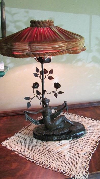 EXQUISITE FRENCH FIGURAL LAMP WITH ORIGINAL SILK SHADE.