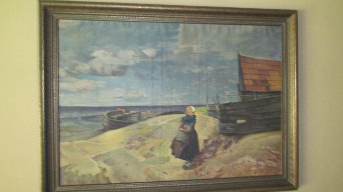 LARGE FRAMED DUTCH GIRL BY THE SEA OIL PAINTING