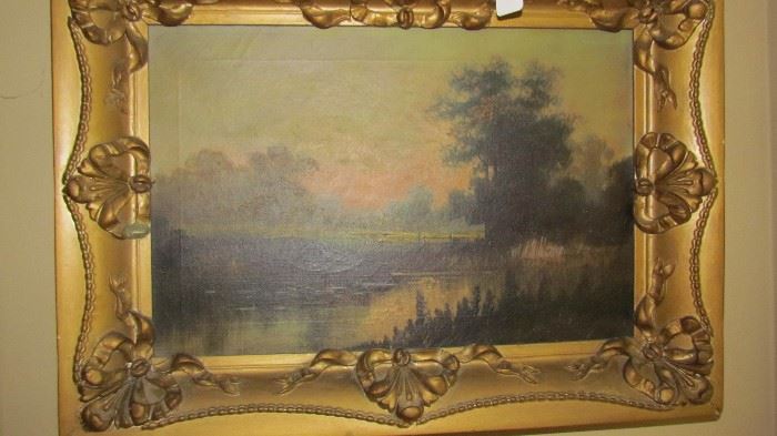 FRAMED OIL PAINTING SHOWING SERENE WATER SETTING