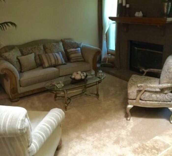 Couch and armchairs, glass coffee table