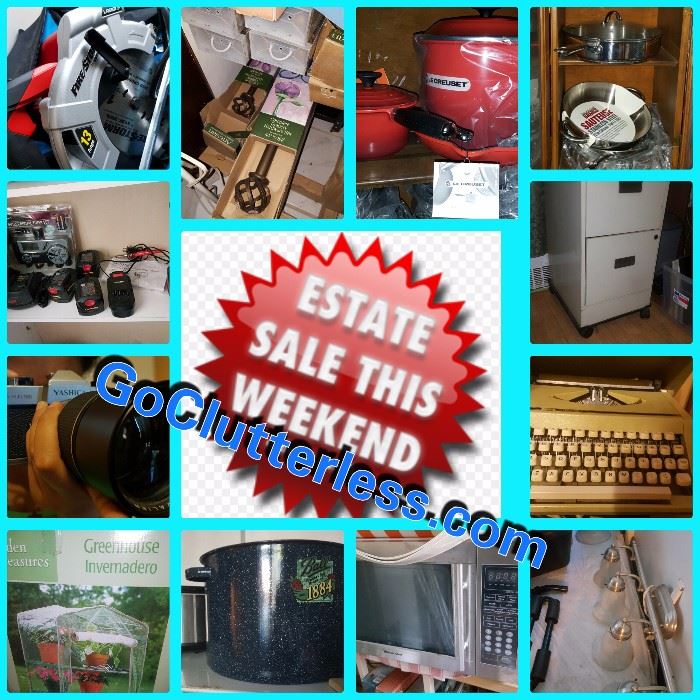 Power tools, window treatment, gourmet kitchenware, file cabinet, pots, camera, lens, garden, typewriter, microwave, lighting,
