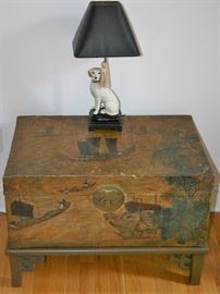 Antique Hand Painted Leather Covered Oriental Chest