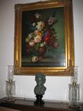 floral painting, bust and lamps