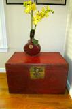 This wooden trunk can be used so many ways.  Decorative, Functional,
and Beautiful.  Hide throw blankets, games, seasonal items in or use as a coffee table or end table.