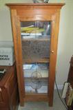 Stained glass and Oak wooden cabinet is perfect for your office or showcasing collectible items in a foyer, living room, family room or kitchen.