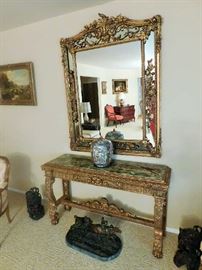 Gilded sofa table and mirror set