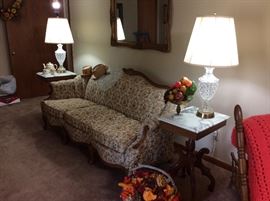 Victorian Sofa - in excellent condition and great fabric cover - Suggs and Hardin - Marble Top End Tables.