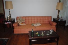 Great mid century Kroehler Couch, leather top end tables and coffee table and brass lamps