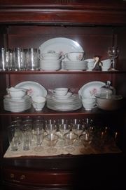 Halsey Damask Rose China, Silver rimmed stemware and Monogrammed B silver glasses