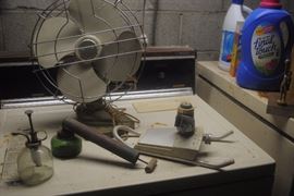 Vintage fan, aluminum sprinkler and sprayers