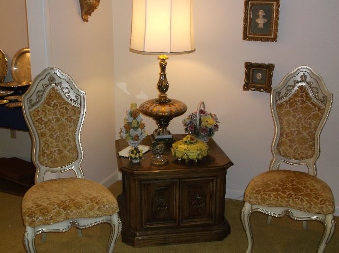 One of a pair of side table and two dining chairs