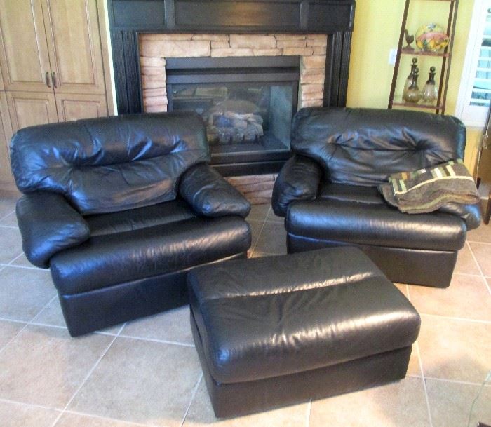 Black leather lounge chairs and sofa by Drexel---4 pieces