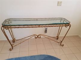 GLASS AND ANTIQUE GOLD FINISH SOFA TABLE OR HALL TABLE,  60" L X 17"W X 29"H  $350 OR BEST!