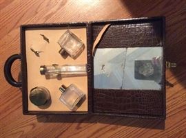 other side of the travel case with original jars(one missing), original cotton, mirror cracked ( well past the 7 year mark, so no bad luck) Brit- tex nail crème included not shown.