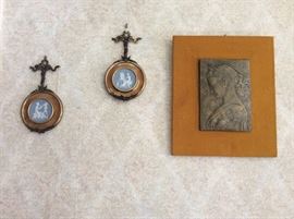 Small Blue & white wall art , along side of a copy of settignand art work ,