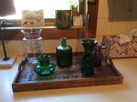 Interesting handcarved serving tray from india, small selection of colored class