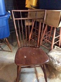 1 of 4 hardwood chairs with a bamboo theme, behind that 2 tall stools, full set of 5 piece luggage still in the box