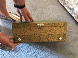 Really cool green & gold jewelry box very ornate jeweled handles royal blue interior