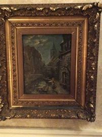 Possibly German? girl with flowers along a canal handpainted on canvas signed unidentified